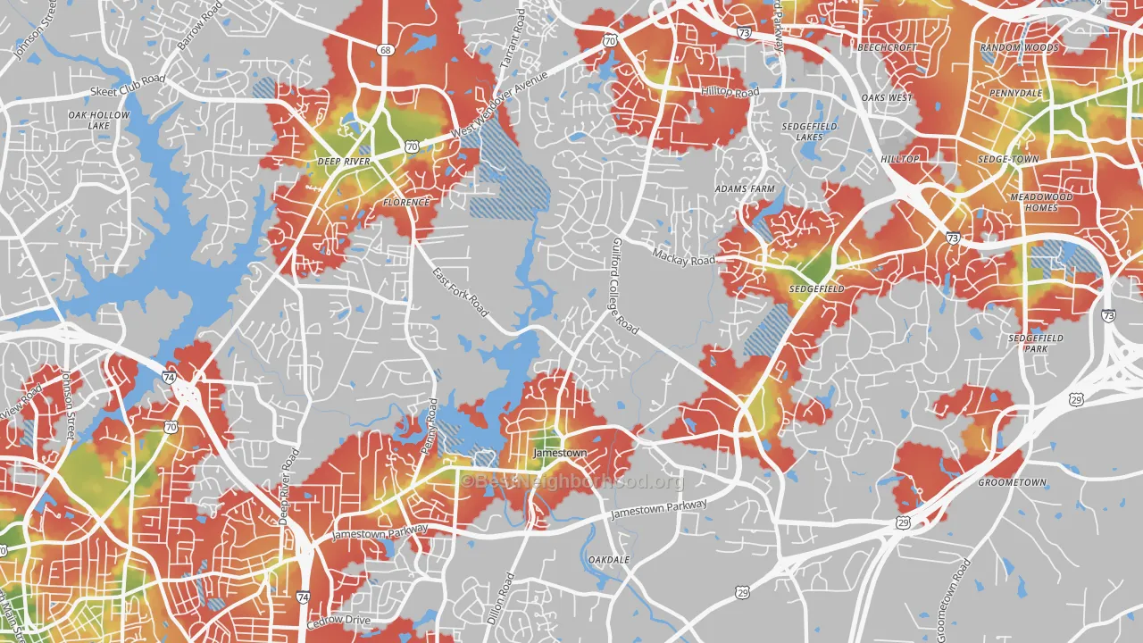 Walk Grade map of 27282, NC, walkable areas in green and car-dependent areas in red