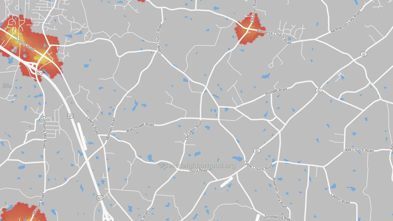 Walk Grade map of 27283, NC, walkable areas in green and car-dependent areas in red