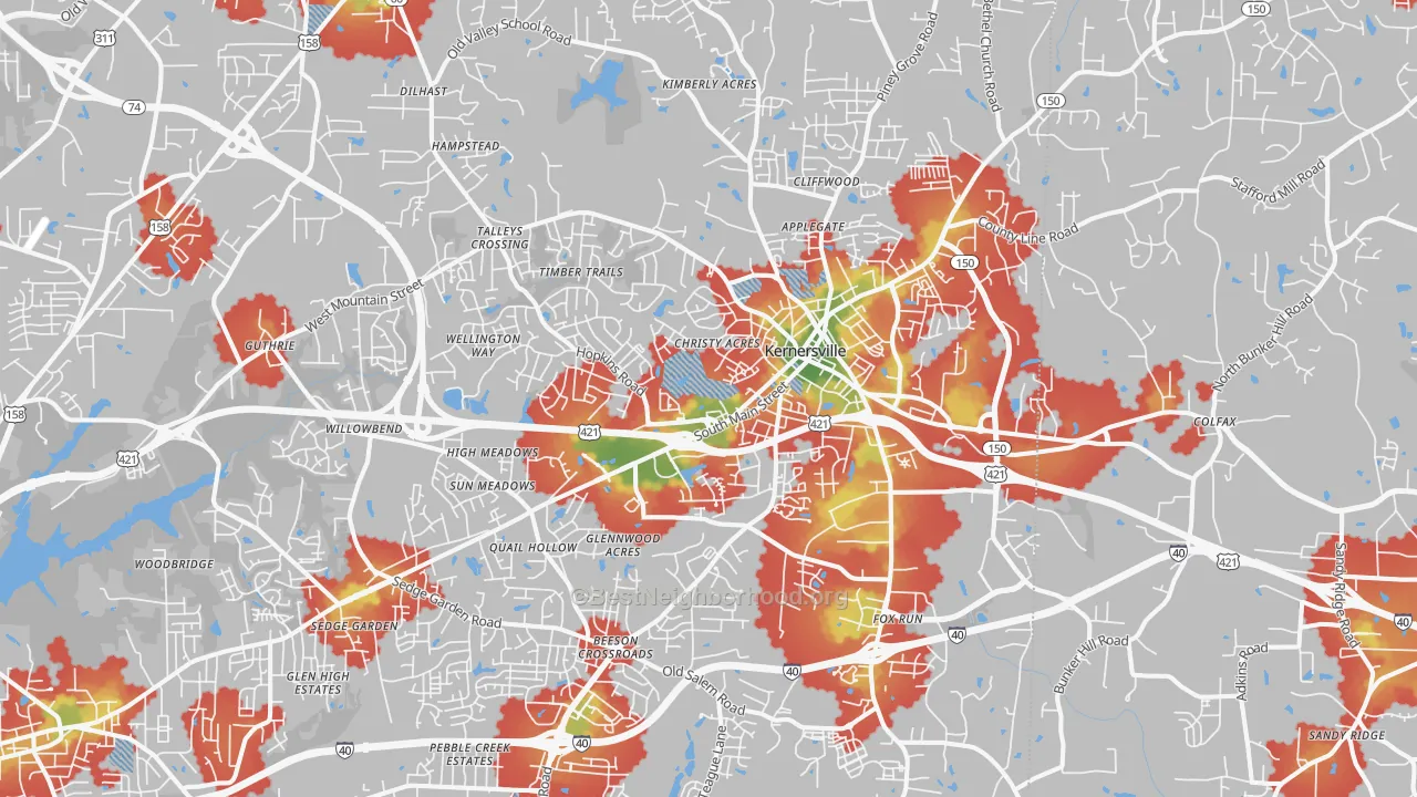 Walk Grade map of 27284, NC, walkable areas in green and car-dependent areas in red