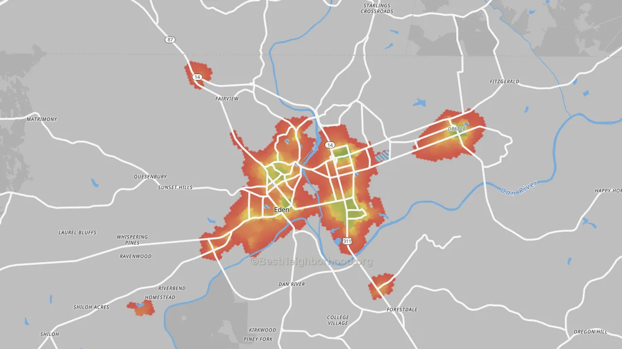 Walk Grade map of 27288, NC, walkable areas in green and car-dependent areas in red
