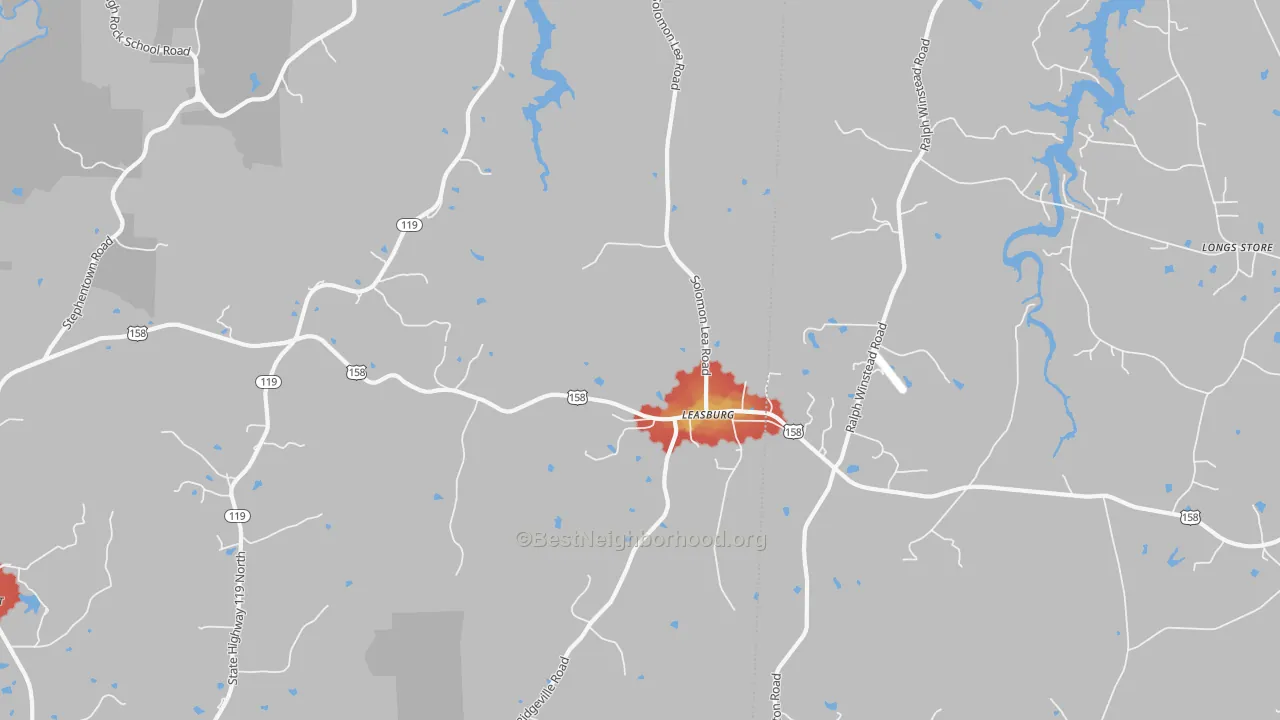 Walk Grade map of 27291, NC, walkable areas in green and car-dependent areas in red