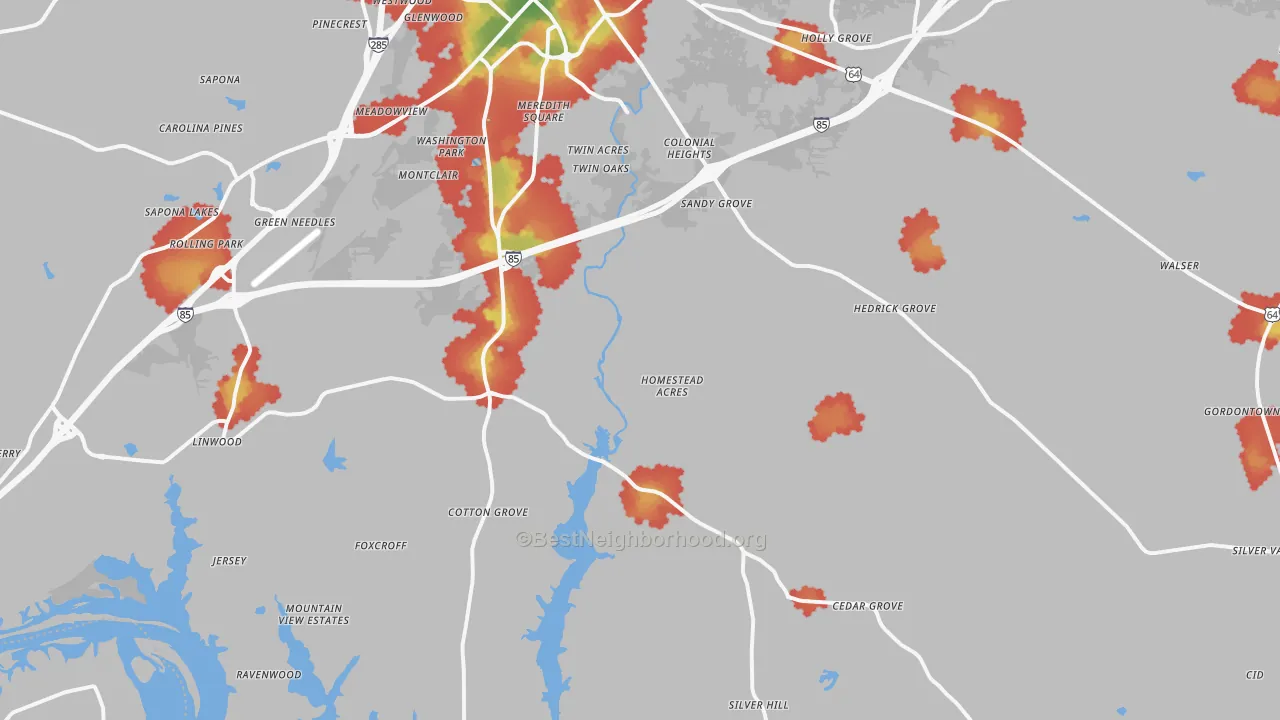 Walk Grade map of 27292, NC, walkable areas in green and car-dependent areas in red