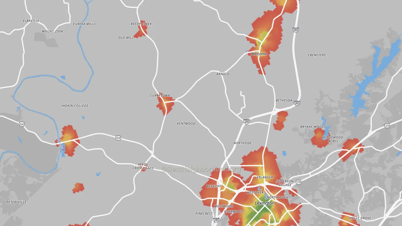 Walk Grade map of 27295, NC, walkable areas in green and car-dependent areas in red