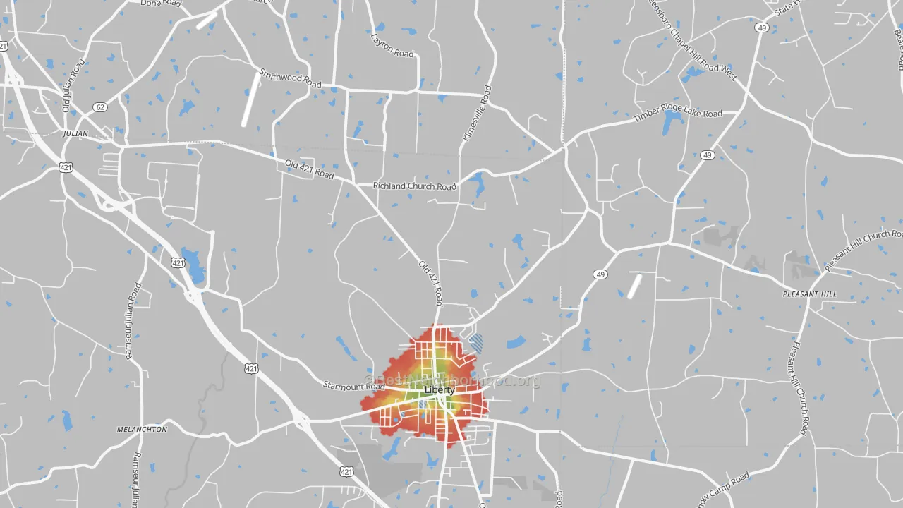 Walk Grade map of 27298, NC, walkable areas in green and car-dependent areas in red