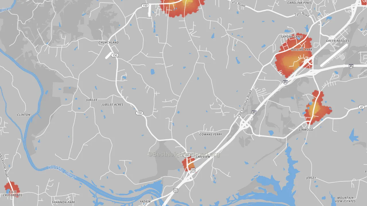 Walk Grade map of 27299, NC, walkable areas in green and car-dependent areas in red
