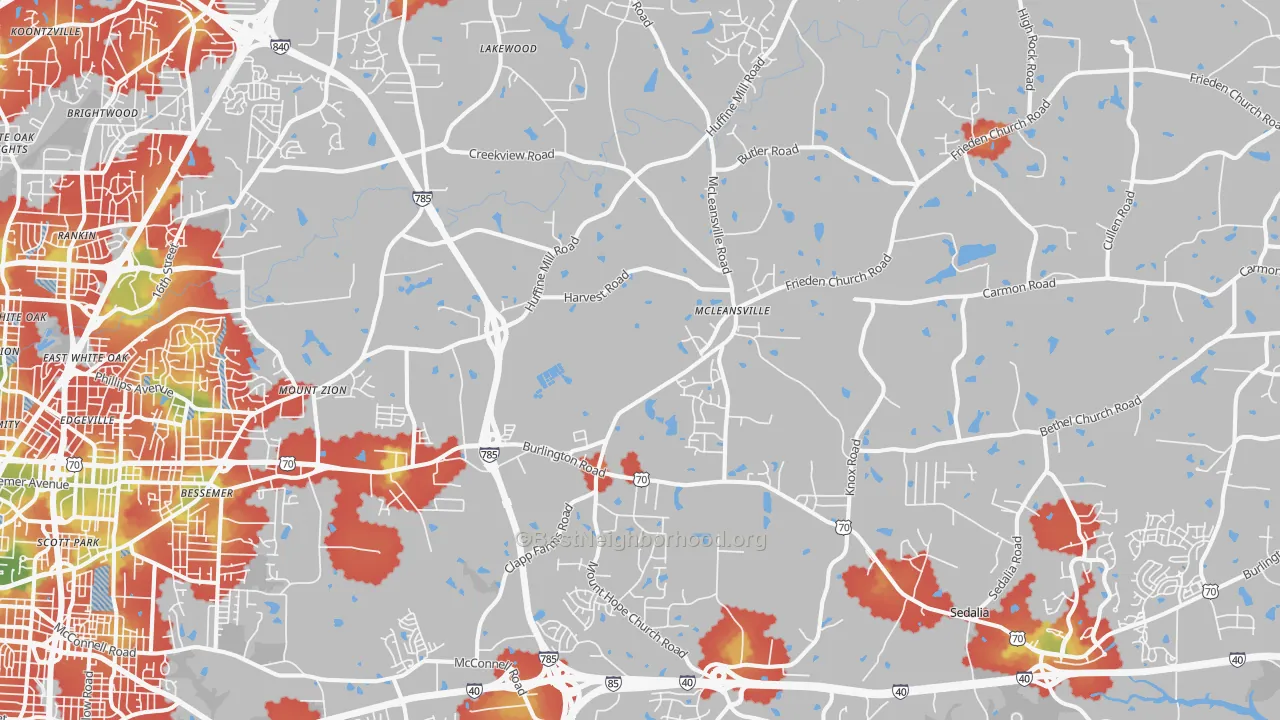 Walk Grade map of 27301, NC, walkable areas in green and car-dependent areas in red