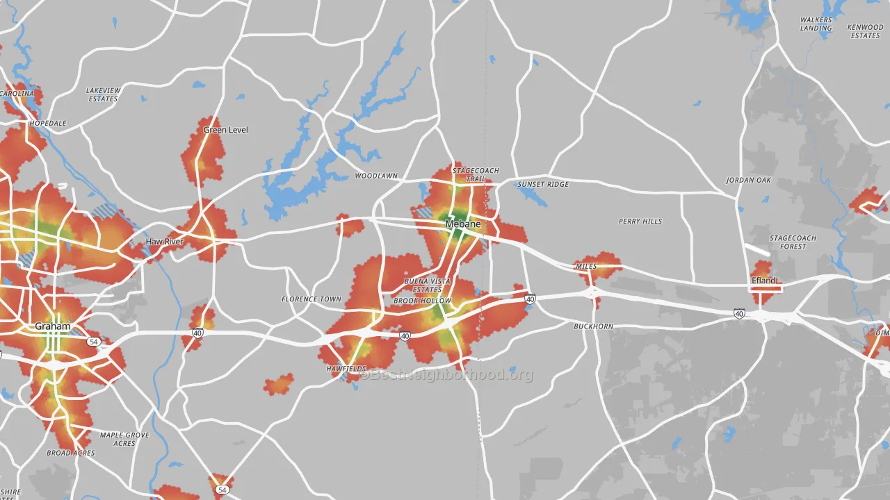 Walk Grade map of 27302, NC, walkable areas in green and car-dependent areas in red