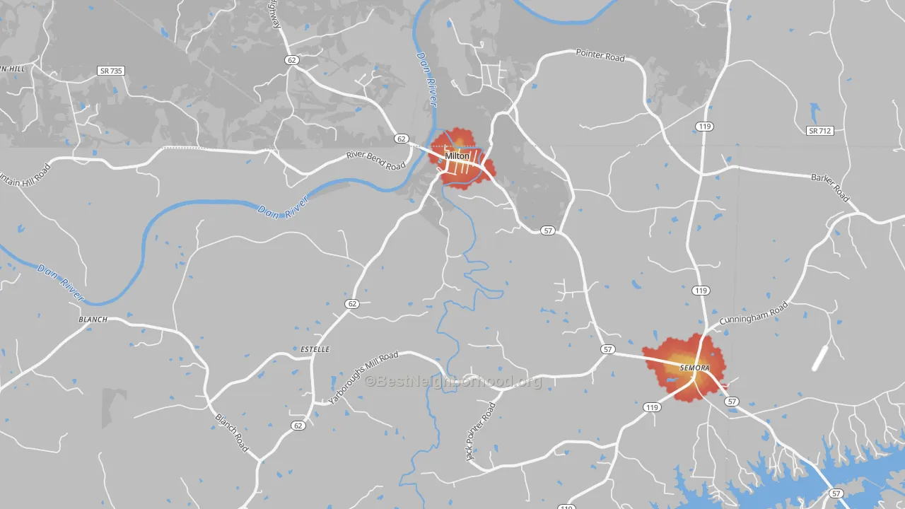 Walk Grade map of 27305, NC, walkable areas in green and car-dependent areas in red