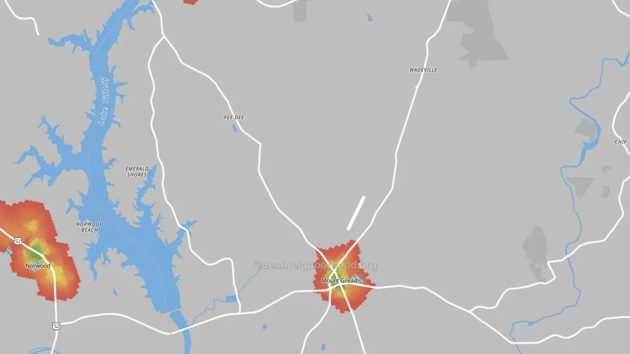 Walk Grade map of 27306, NC, walkable areas in green and car-dependent areas in red