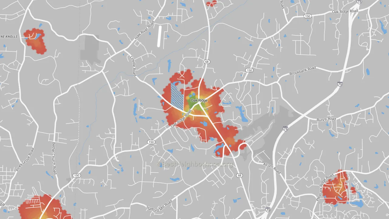 Walk Grade map of 27310, NC, walkable areas in green and car-dependent areas in red