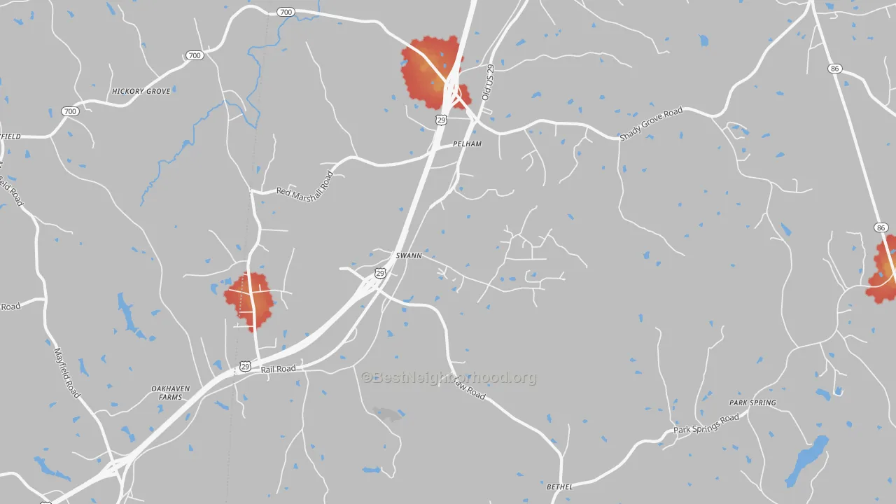 Walk Grade map of 27311, NC, walkable areas in green and car-dependent areas in red