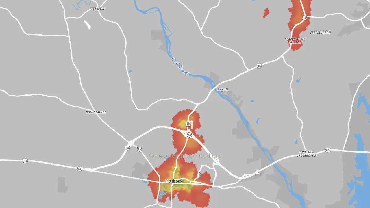 Walk Grade map of 27312, NC, walkable areas in green and car-dependent areas in red