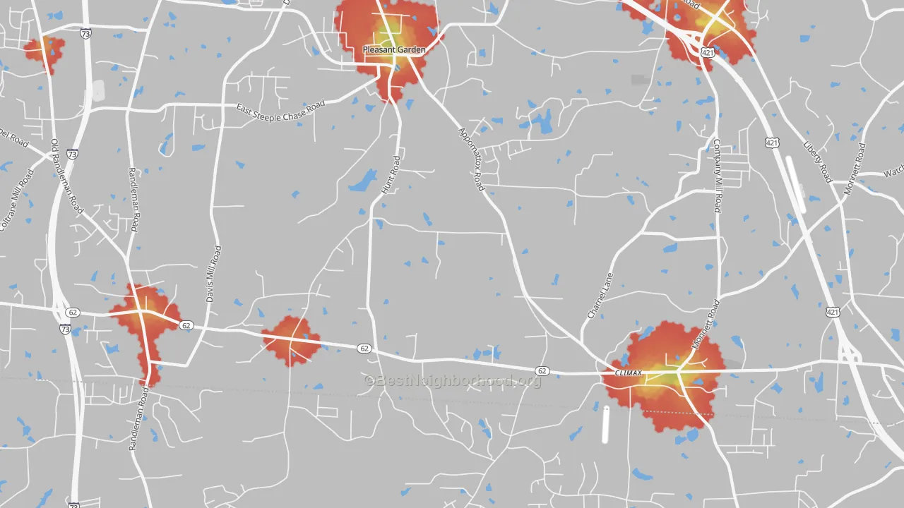 Walk Grade map of 27313, NC, walkable areas in green and car-dependent areas in red