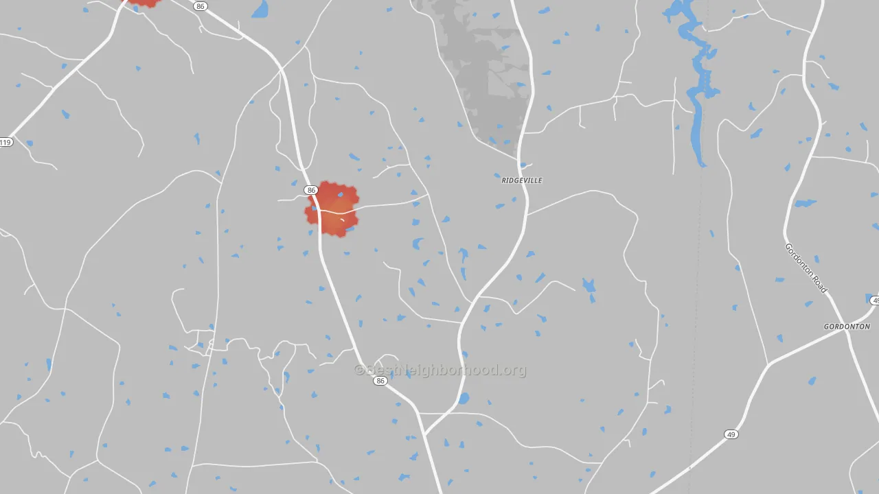 Walk Grade map of 27314, NC, walkable areas in green and car-dependent areas in red