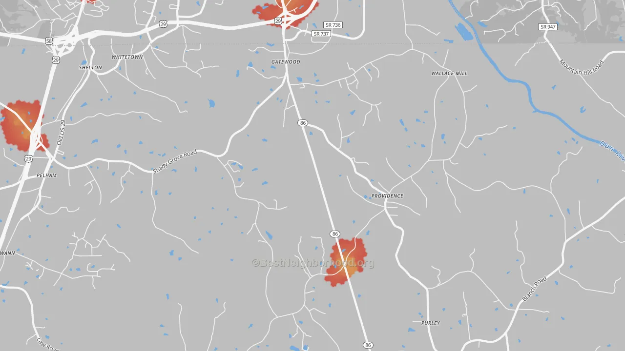 Walk Grade map of 27315, NC, walkable areas in green and car-dependent areas in red