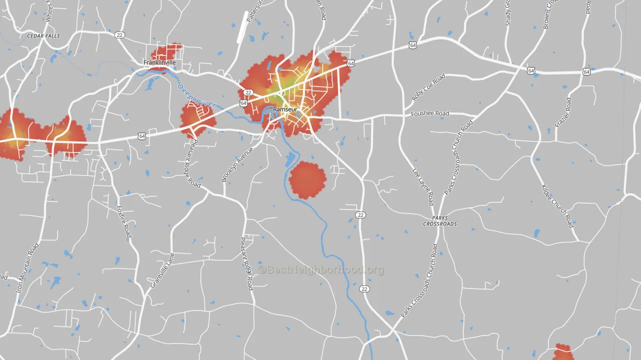 Walk Grade map of 27316, NC, walkable areas in green and car-dependent areas in red
