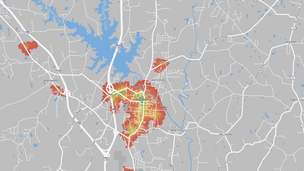 Walk Grade map of 27317, NC, walkable areas in green and car-dependent areas in red