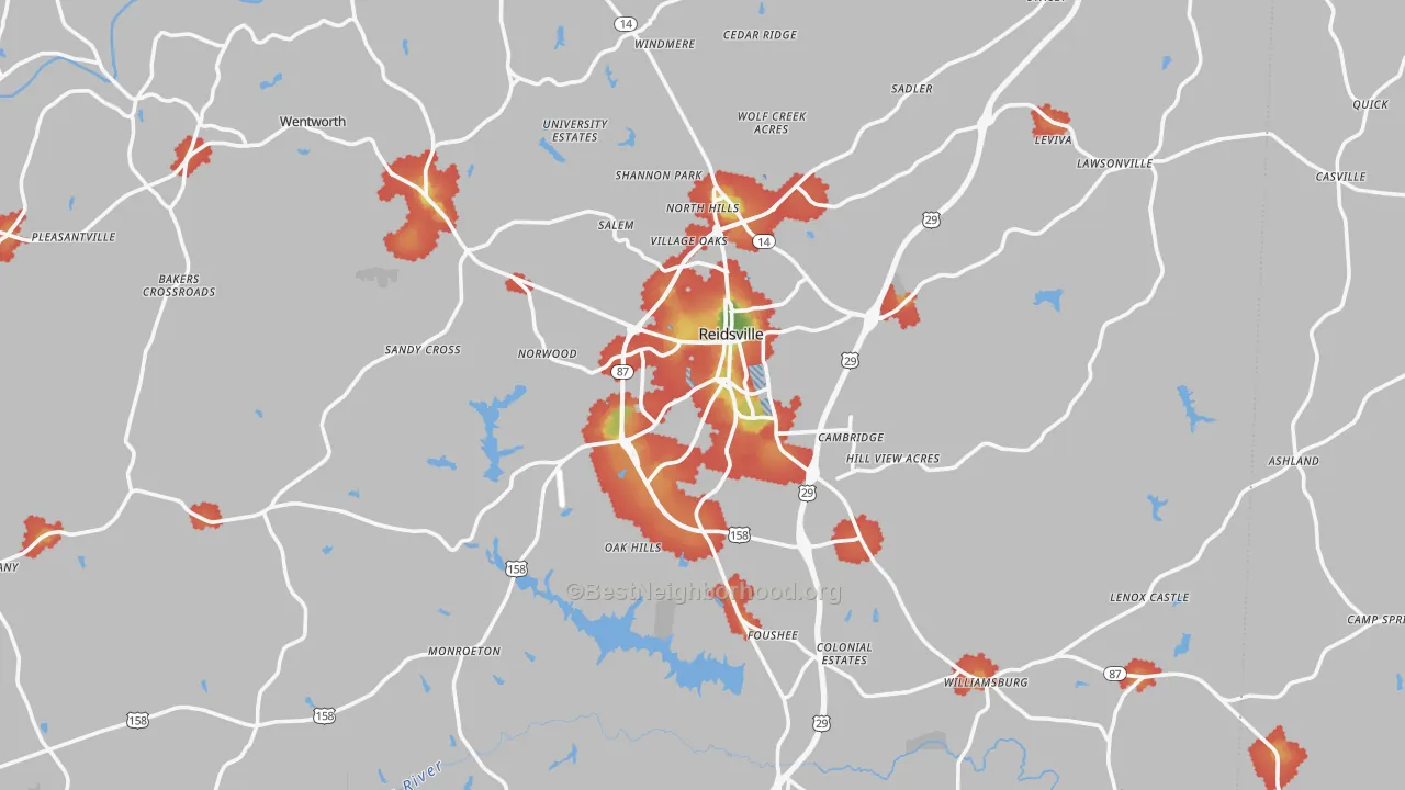 Walk Grade map of 27320, NC, walkable areas in green and car-dependent areas in red