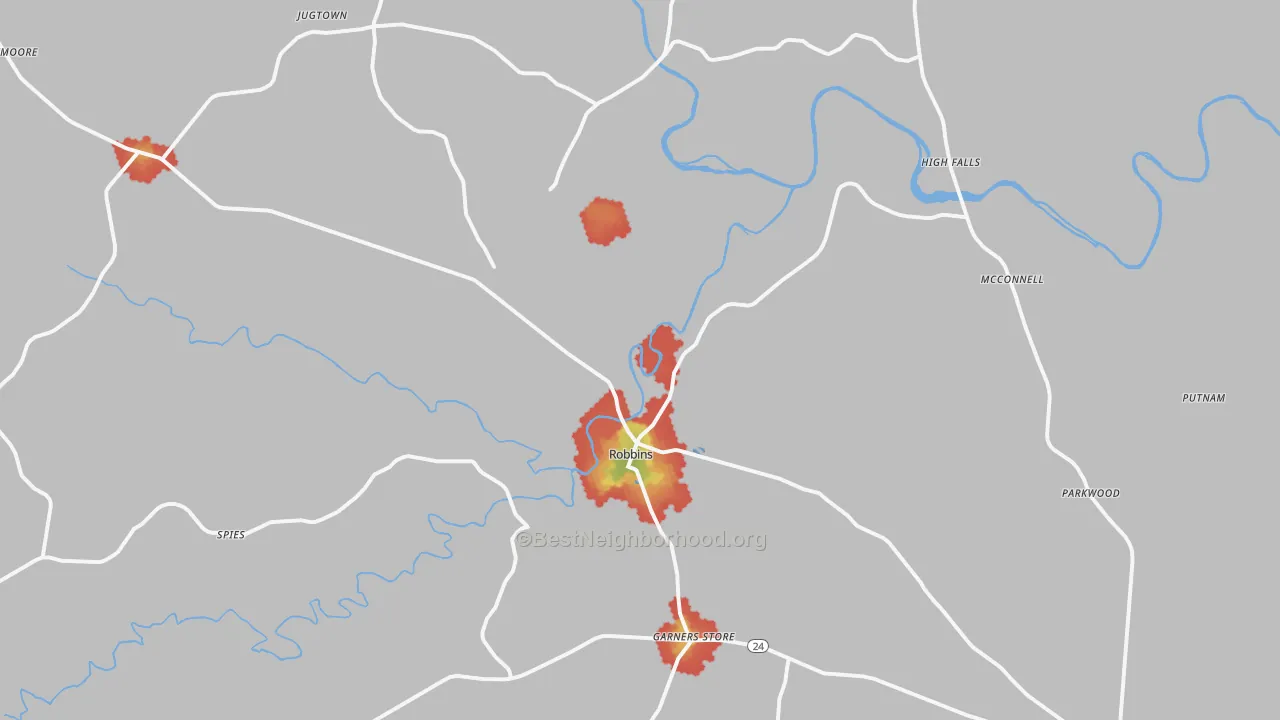 Walk Grade map of 27325, NC, walkable areas in green and car-dependent areas in red