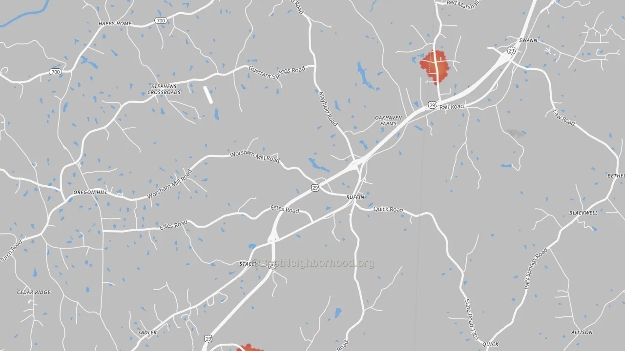 Walk Grade map of 27326, NC, walkable areas in green and car-dependent areas in red