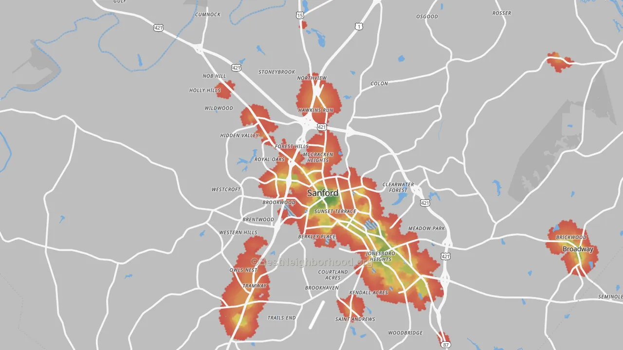 Walk Grade map of 27330, NC, walkable areas in green and car-dependent areas in red