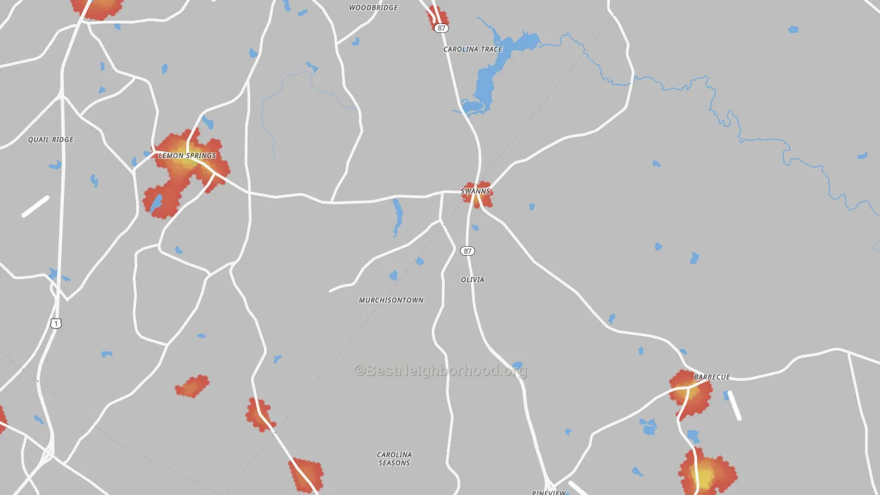 Walk Grade map of 27332, NC, walkable areas in green and car-dependent areas in red
