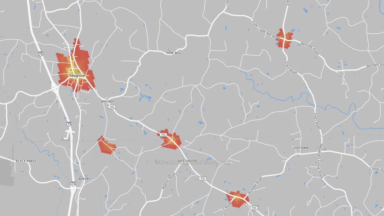 Walk Grade map of 27341, NC, walkable areas in green and car-dependent areas in red