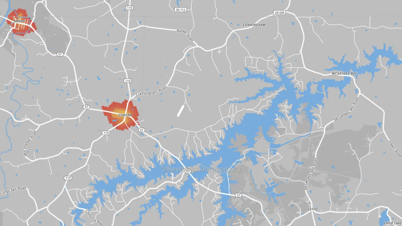 Walk Grade map of 27343, NC, walkable areas in green and car-dependent areas in red