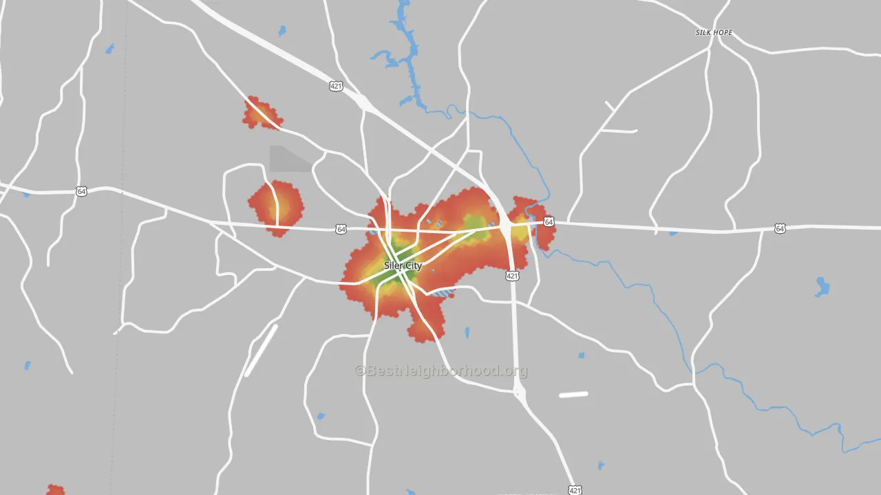 Walk Grade map of 27344, NC, walkable areas in green and car-dependent areas in red