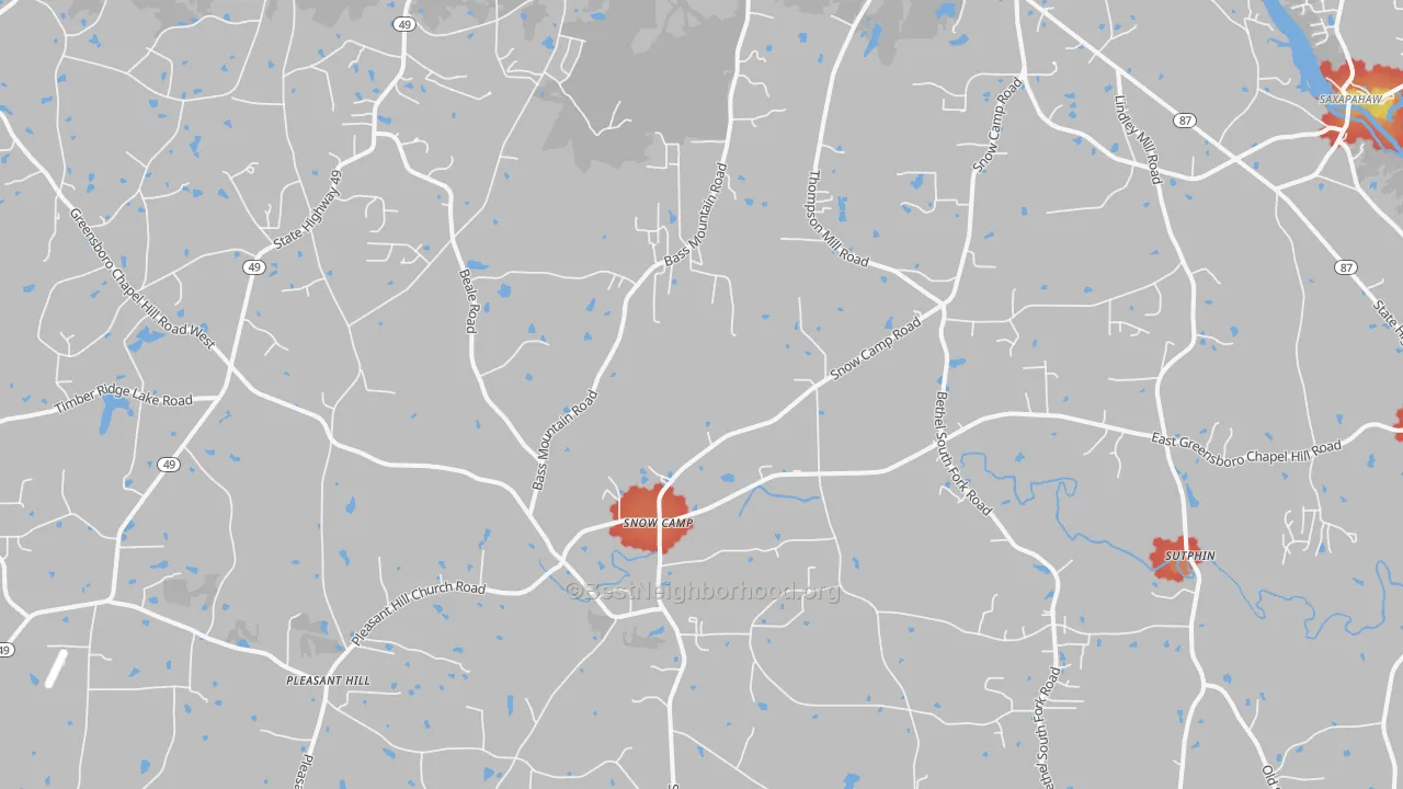 Walk Grade map of 27349, NC, walkable areas in green and car-dependent areas in red