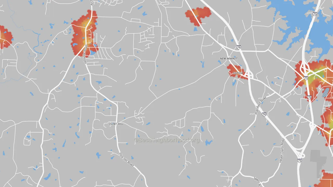 Walk Grade map of 27350, NC, walkable areas in green and car-dependent areas in red