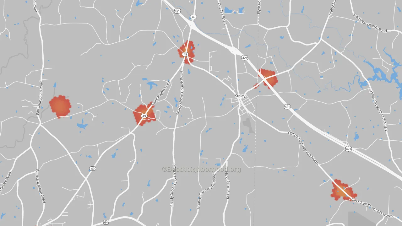 Walk Grade map of 27355, NC, walkable areas in green and car-dependent areas in red
