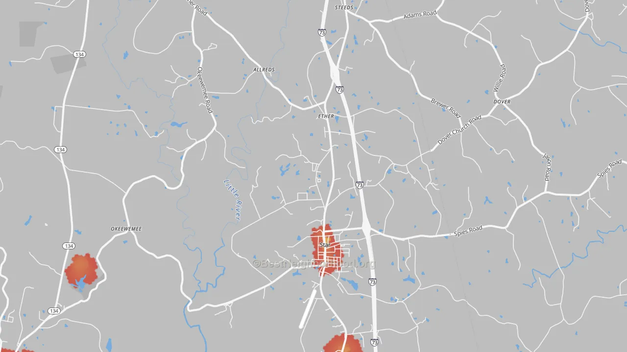 Walk Grade map of 27356, NC, walkable areas in green and car-dependent areas in red