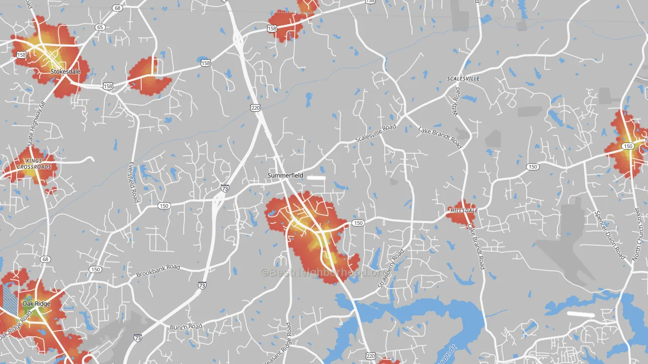 Walk Grade map of 27358, NC, walkable areas in green and car-dependent areas in red