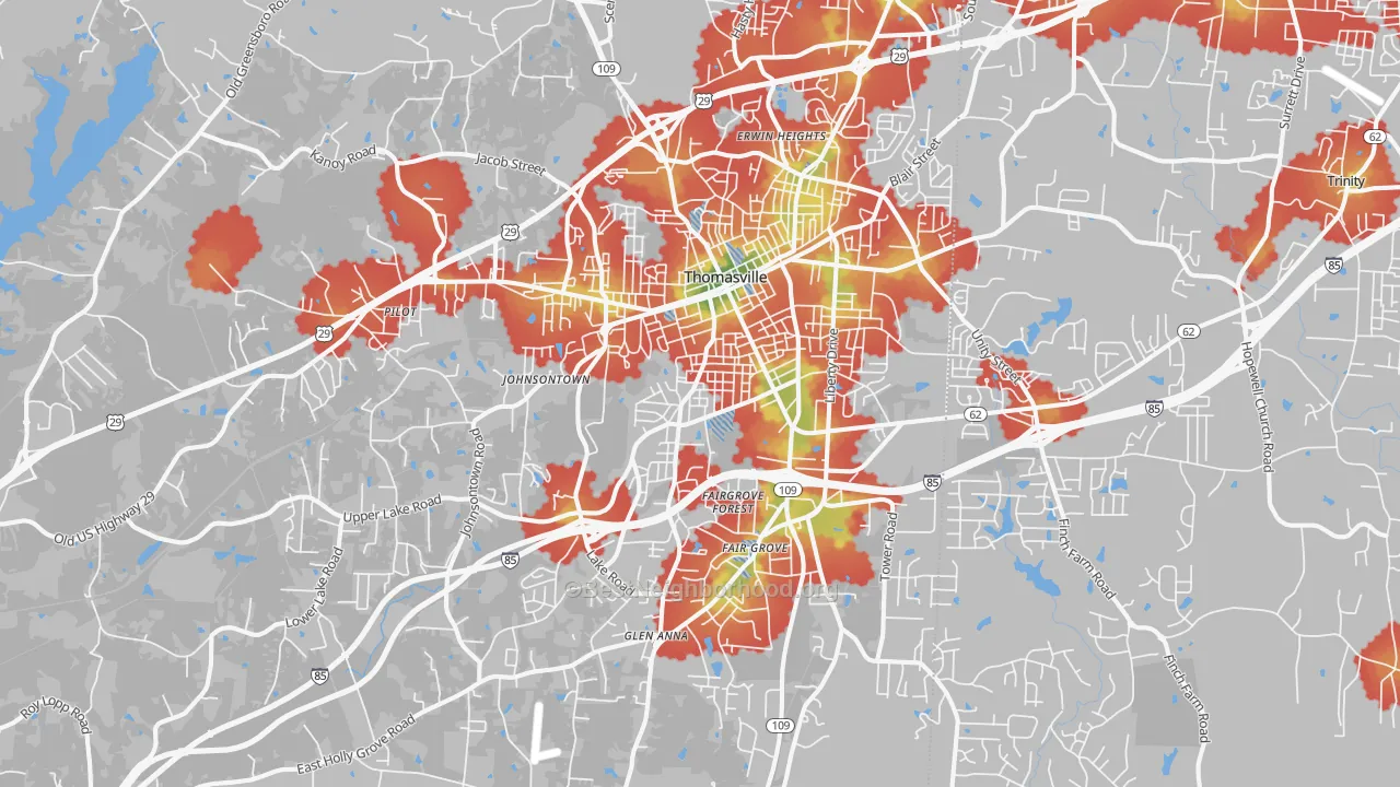 Walk Grade map of 27360, NC, walkable areas in green and car-dependent areas in red