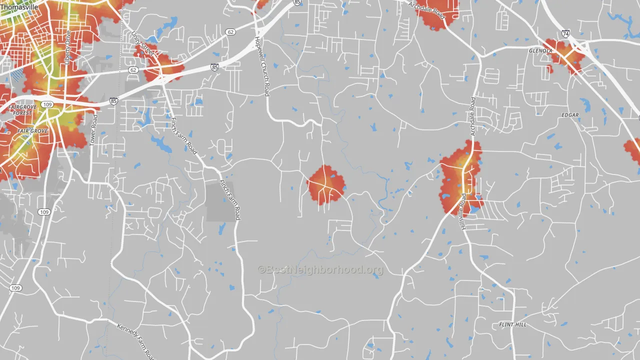 Walk Grade map of 27370, NC, walkable areas in green and car-dependent areas in red