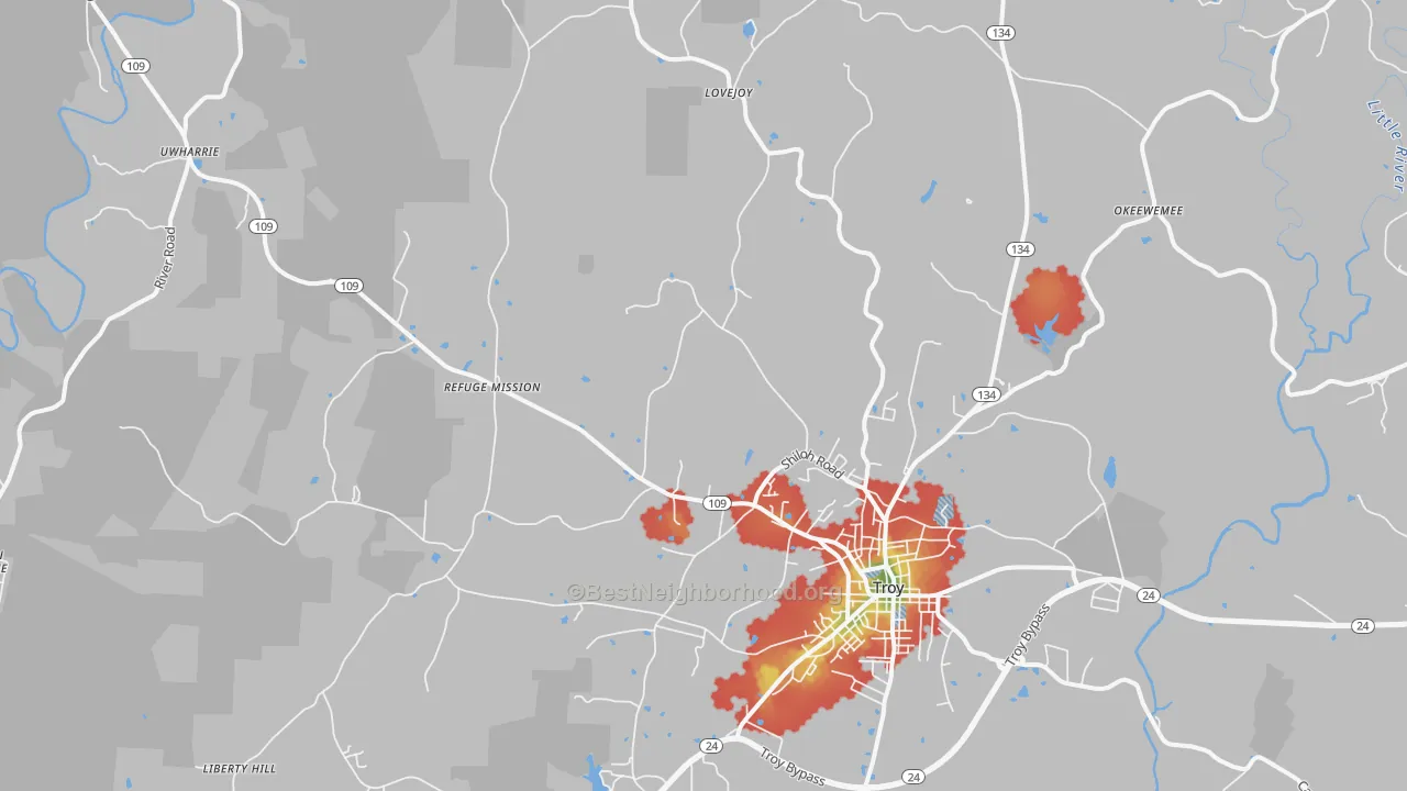 Walk Grade map of 27371, NC, walkable areas in green and car-dependent areas in red