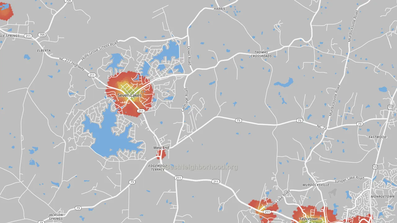 Walk Grade map of 27376, NC, walkable areas in green and car-dependent areas in red