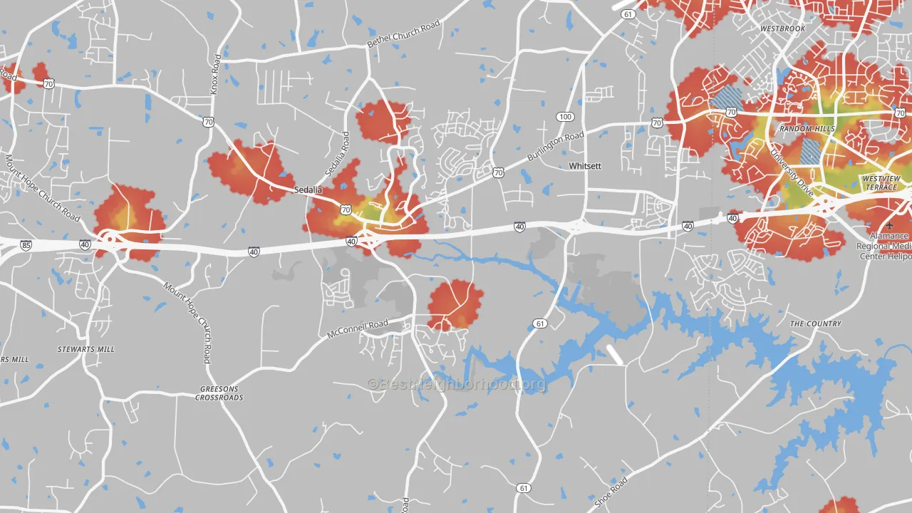 Walk Grade map of 27377, NC, walkable areas in green and car-dependent areas in red