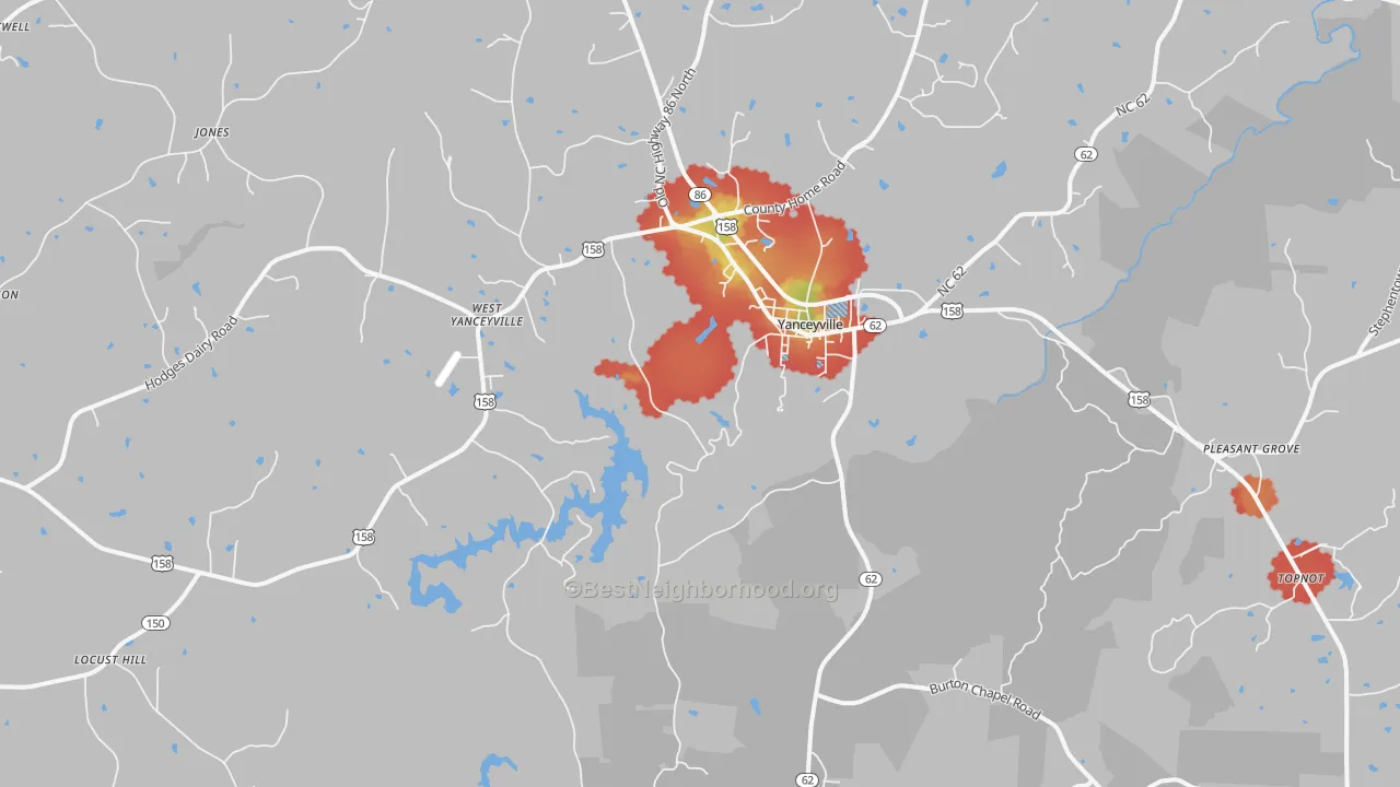 Walk Grade map of 27379, NC, walkable areas in green and car-dependent areas in red