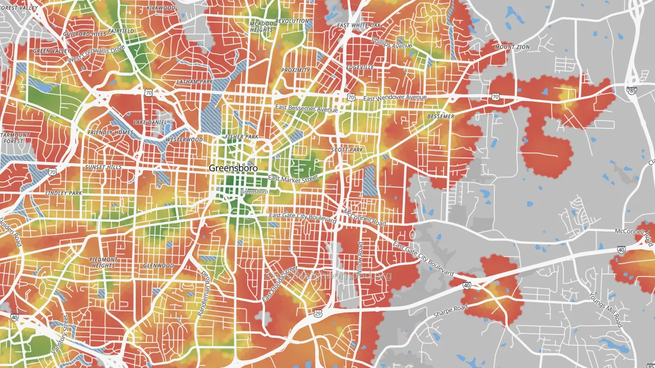 Walk Grade map of 27401, NC, walkable areas in green and car-dependent areas in red