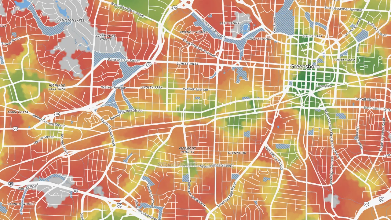 Walk Grade map of 27403, NC, walkable areas in green and car-dependent areas in red