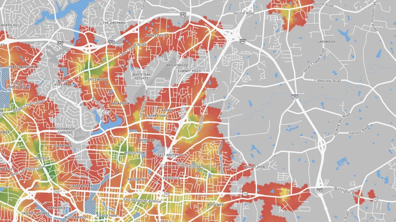 Walk Grade map of 27405, NC, walkable areas in green and car-dependent areas in red