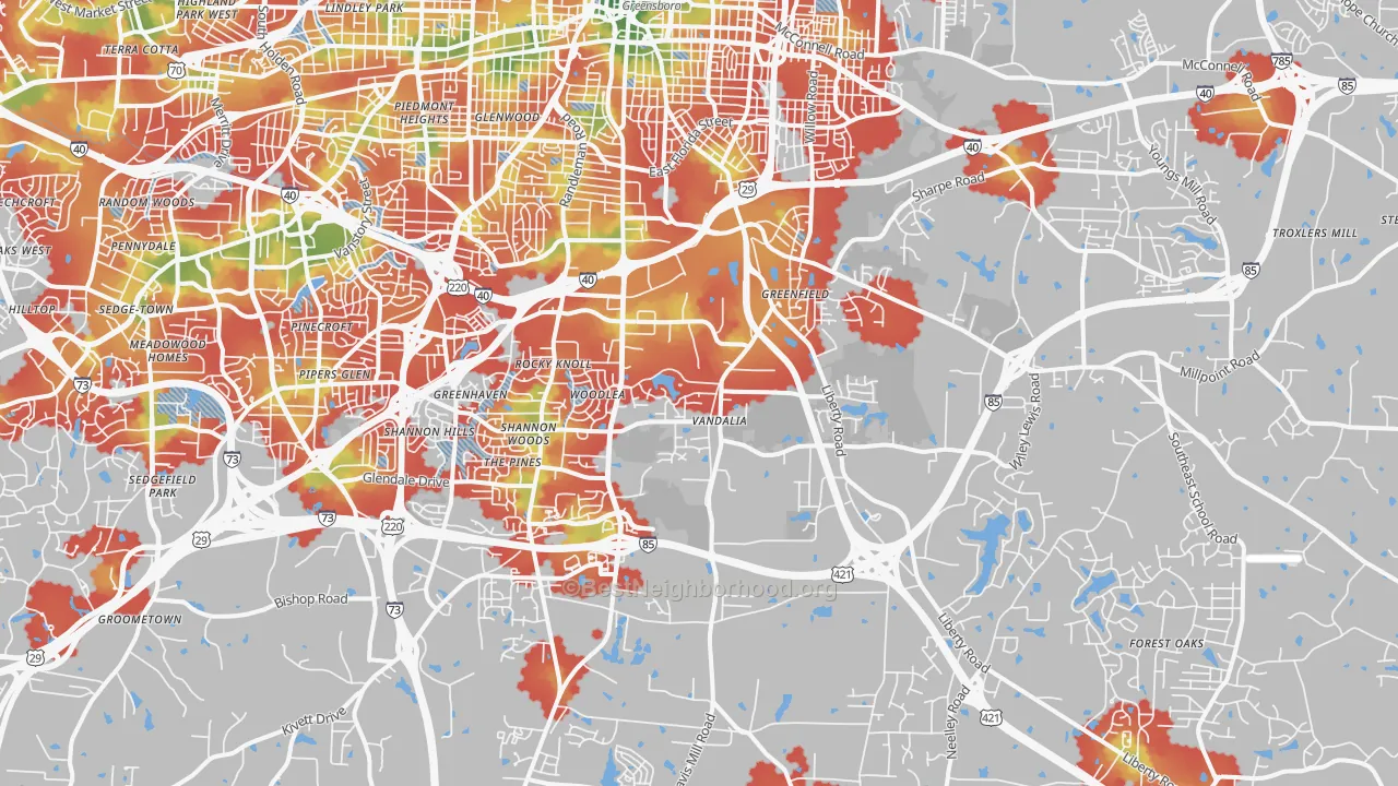 Walk Grade map of 27406, NC, walkable areas in green and car-dependent areas in red