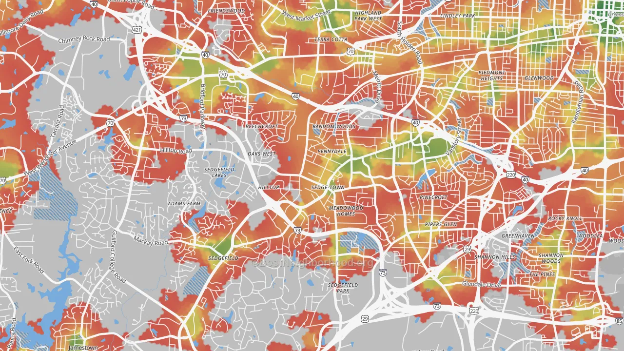 Walk Grade map of 27407, NC, walkable areas in green and car-dependent areas in red