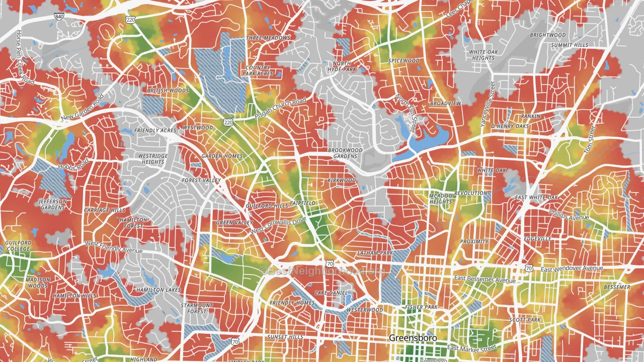Walk Grade map of 27408, NC, walkable areas in green and car-dependent areas in red