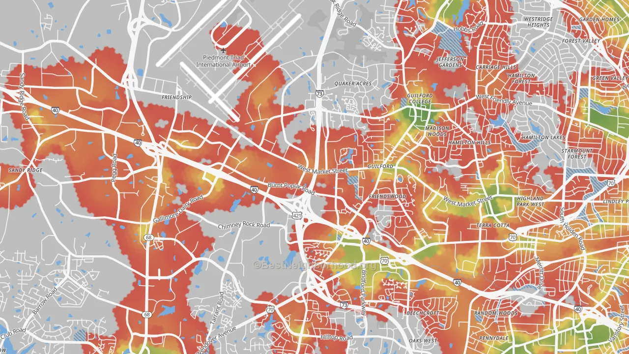 Walk Grade map of 27409, NC, walkable areas in green and car-dependent areas in red