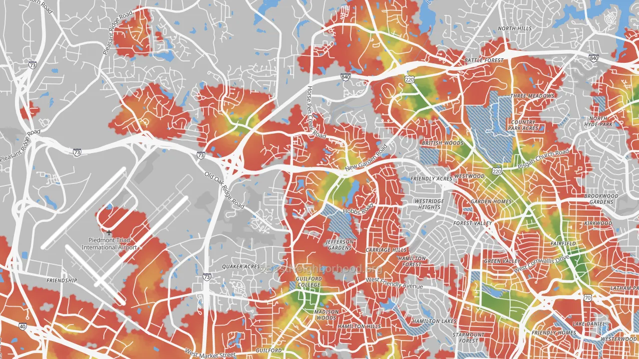 Walk Grade map of 27410, NC, walkable areas in green and car-dependent areas in red