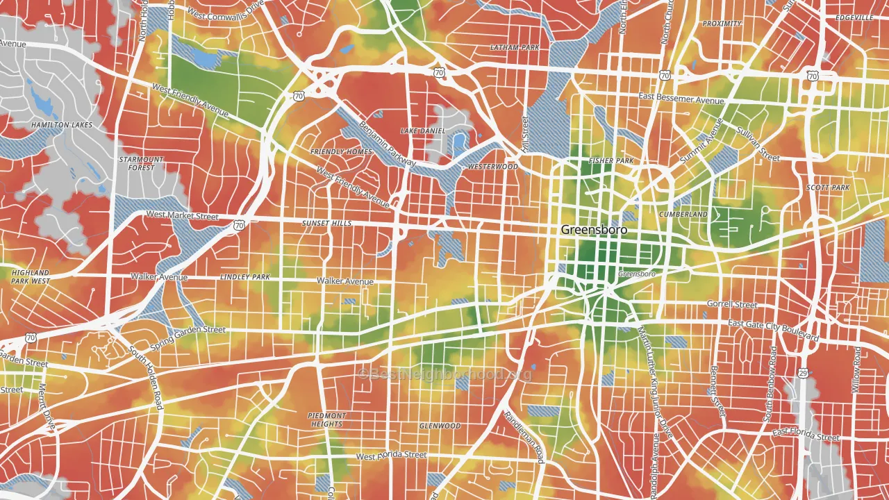 Walk Grade map of 27412, NC, walkable areas in green and car-dependent areas in red