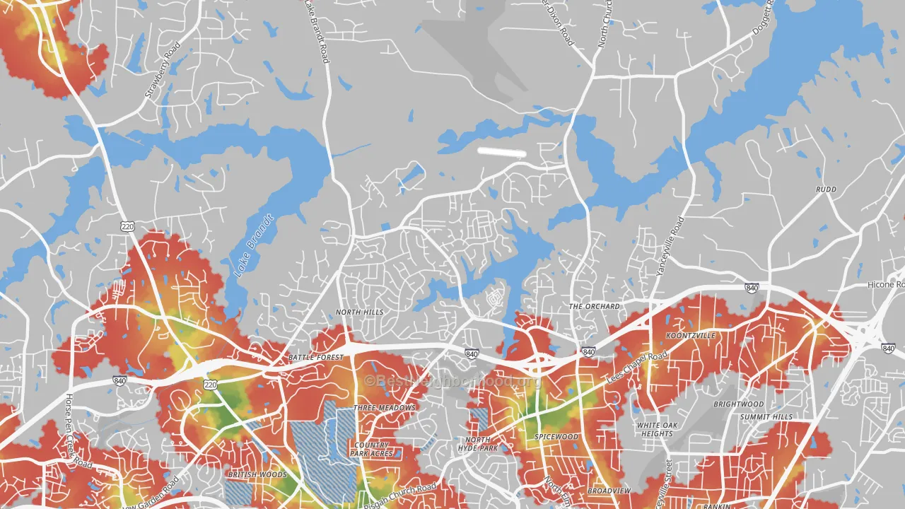 Walk Grade map of 27455, NC, walkable areas in green and car-dependent areas in red
